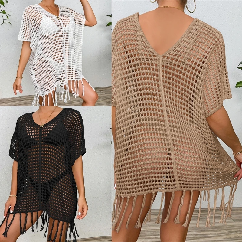 

Women Crochet Short Sleeve Dress Hollow Swimwear V-neck Vacation Bikinis Coverup
