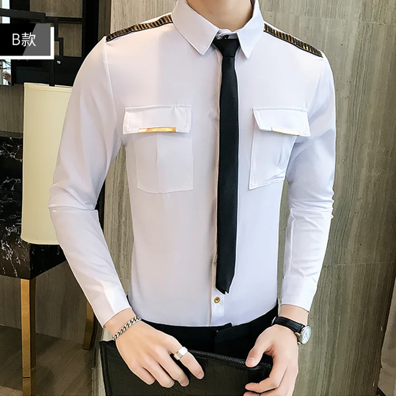 Sequins Epaulettes Shirts for Men 2022 Long Sleeve Casual Slim Fit Shirt Streetwear Social Nightclub Tuxedo Blouse Men Clothing