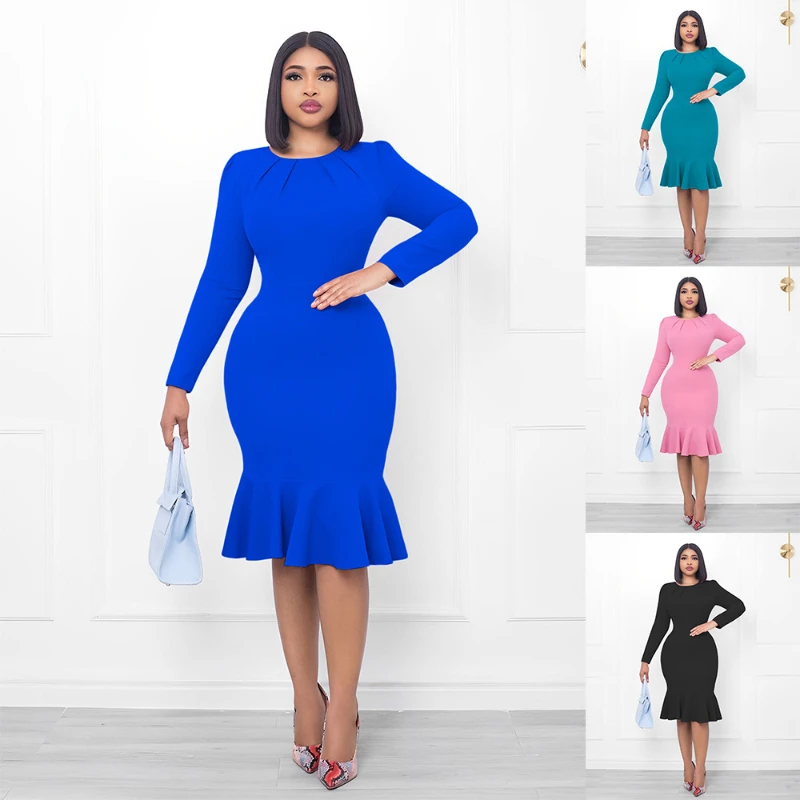 

2023 модное элегантное женское осеннее элегантное темпераментное платье рыбий хвост с длинными рукавами и круглым вырезом продается напряму...