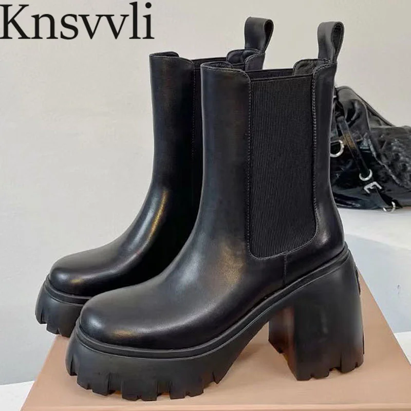 

Thick Sole Chelsea Boots Women Square Heels Shoes Black Genuine Leather Short Boots Ladies Chunky High Heels Knight Boots Woman