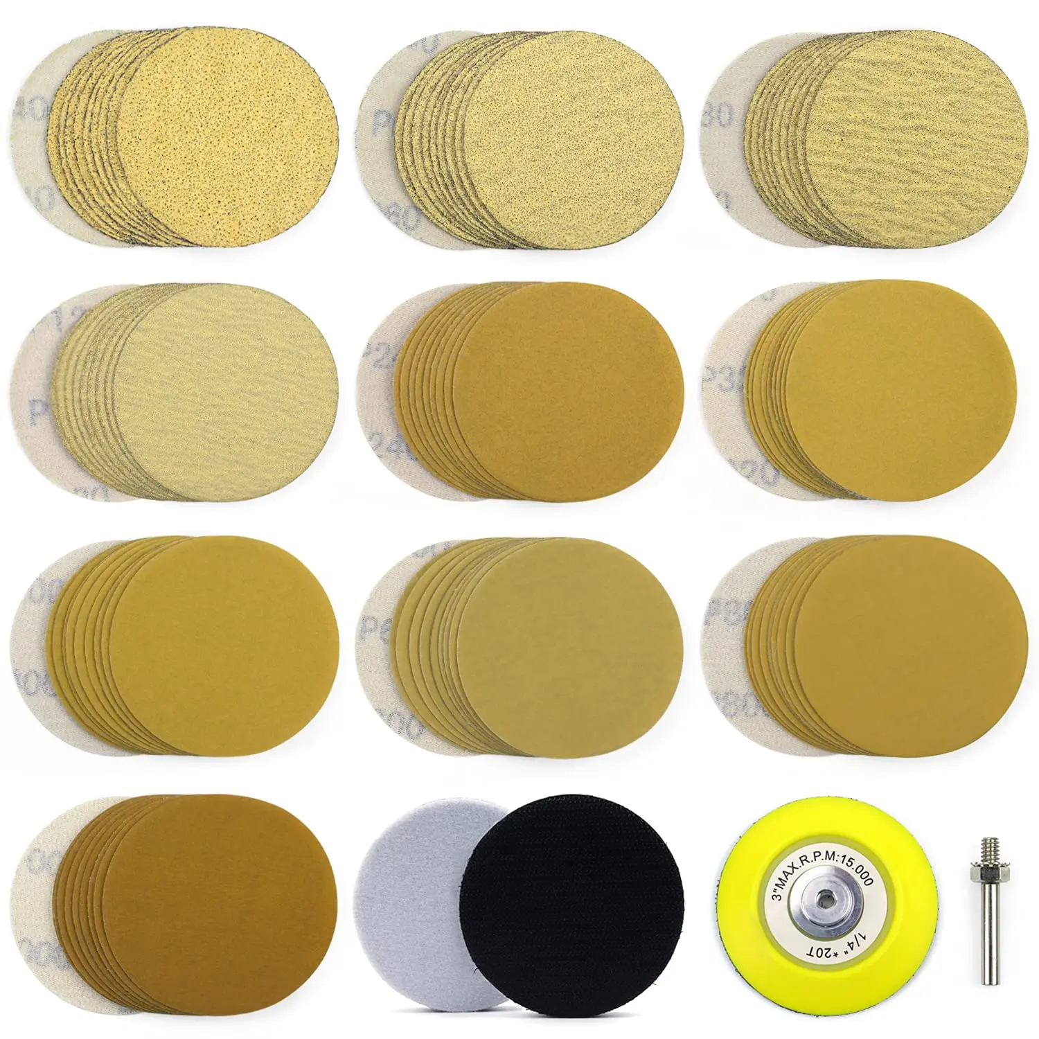 

100 Pack 3 Inch Sanding Discs Hook & Loop Premium Variety 40-1000 Grit Wet & Dry Gold Sandpaper 3” Buffing Pads & Backing Plate
