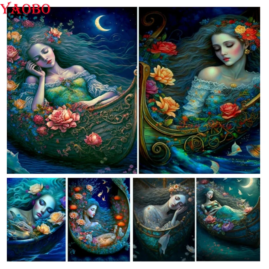 

5D DIY Diamond Painting Kits Dream Mermaid Fairy Full Round Drill Diamond Embroidery Flower Fish Boat Art Mosaic Home Decor