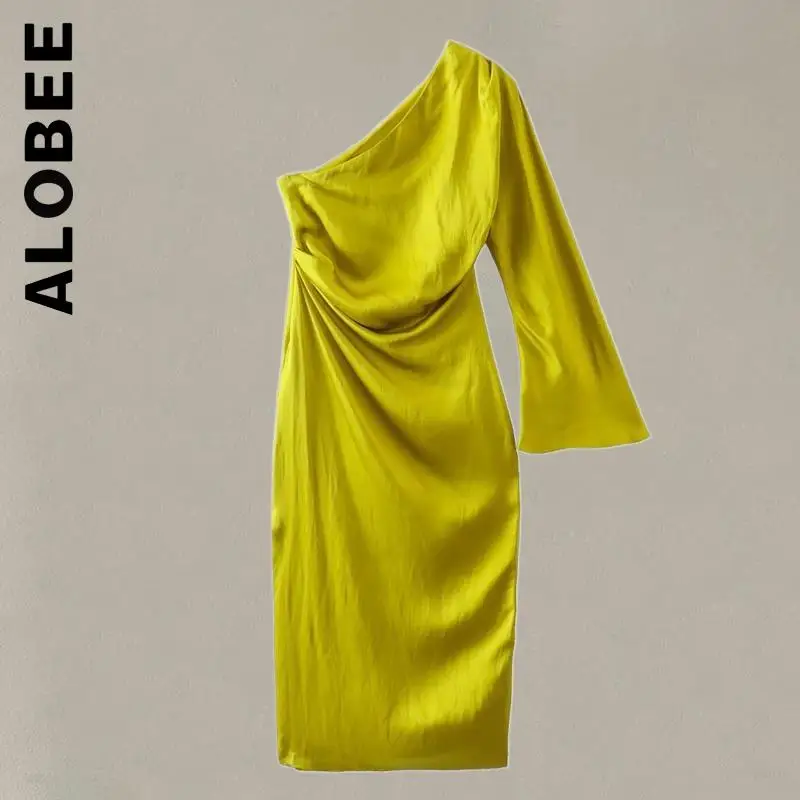 

Alobee Fashion Women Dress Elegant Yellow Asymmetrical Dress Stylish Elastic Robe Soft Holiday Female Clothing Vestidos