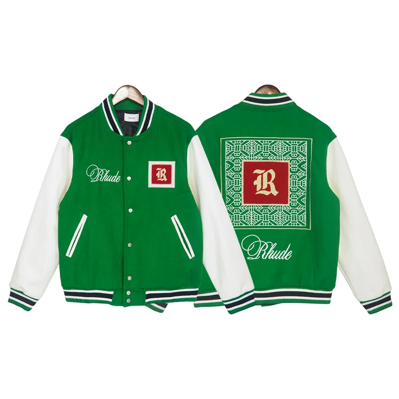 

Patchwork Green RHUDE Bomber Jacket Embroidery Red Flower Logo Leater Sleeve Crewneck Coat Men Women Varsity Baseball Jacket