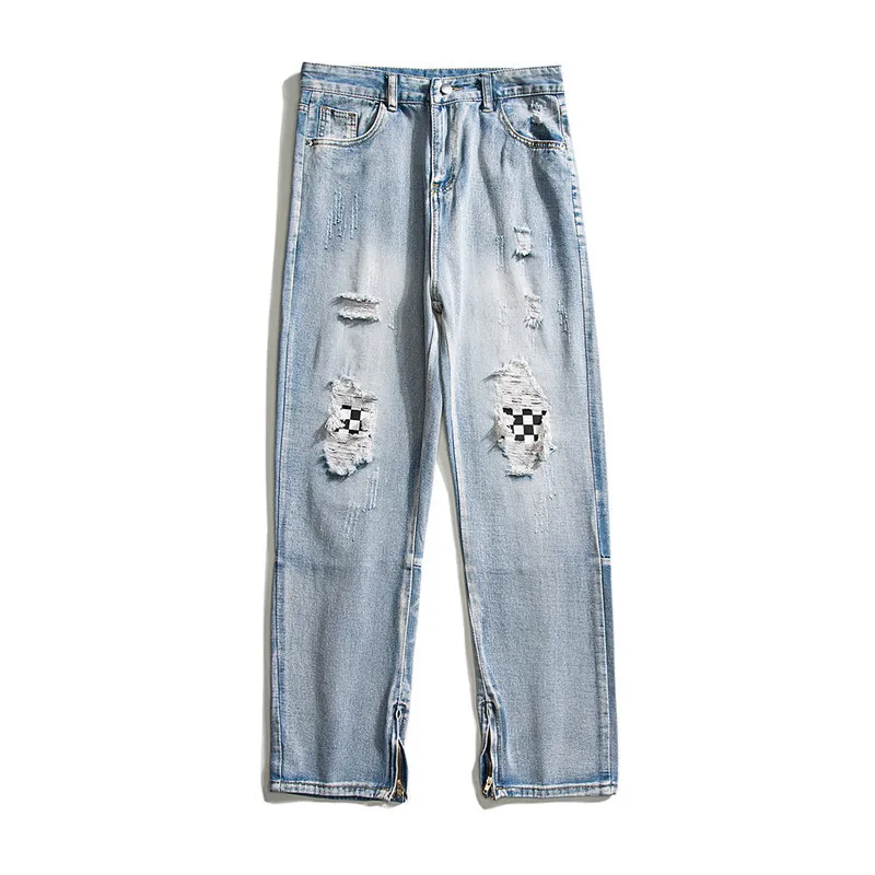 DEEPTOWN Ripped Jeans Men Fake Hole Washed Denim Pants Vintage Straight Trousers Male Loose Casual Streetwear Hip Hop Spring