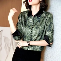 2022 spring printed chiffon shirt long sleeve vintage versatile design dress shirts work wear clothes green tops