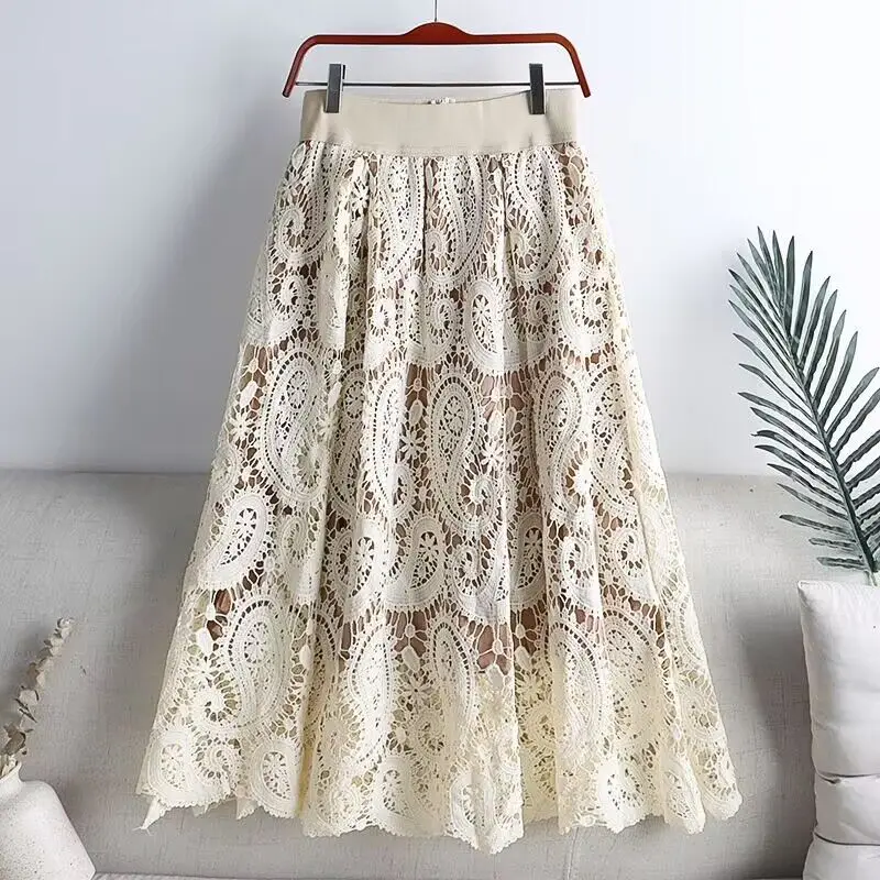 

2023 New Spring And Summer Women's Waist Gauze Lace Skirt Thin A A-line Long