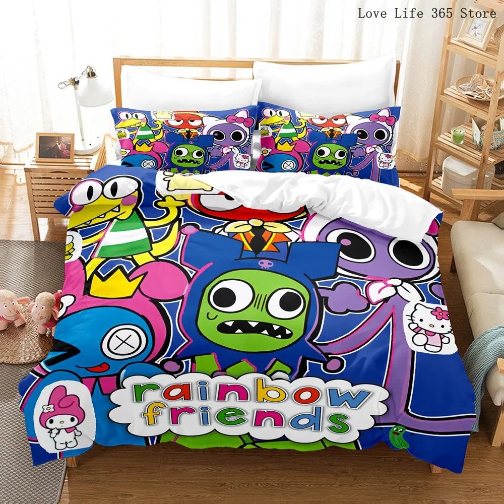 

Комплект постельного белья Rainbow Friends, мультяшное постельное белье, милый домашний декор, одинарный, двойной, двойной размер для детей, для мальчиков и девочек, комплект пододеяльников из аниме