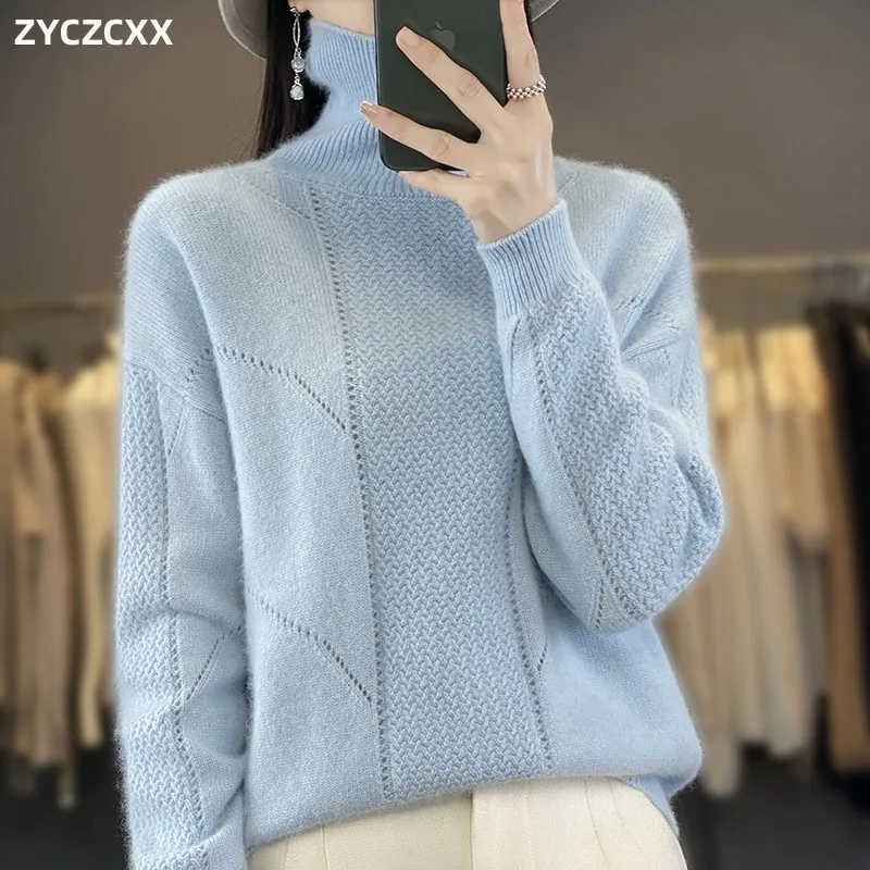 

2023 Autumn And Winter New Fashion Hollowed-out Sweater Women's Pullover Sweater 100% Mink Cashmere Women's Turtleneck Sweater