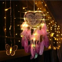 fancy pendant dream catcher with led string hollow hoop heart shape feathers handmade night light wall hanging home decor gift