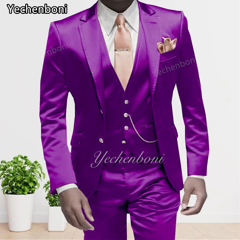 

Yechenboni Purple Satin Suit Men's 3-Pieces Evening Plum Paisley Dinner jJacket Wedding Bridegroom Prom Dress Tuxedo