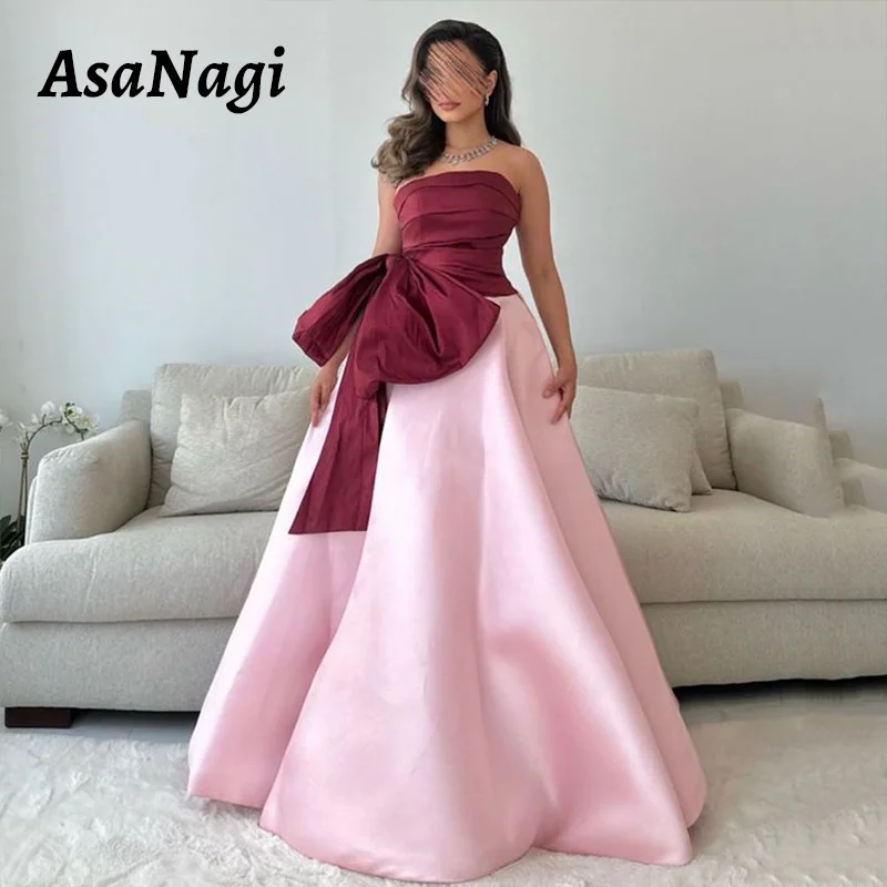 

AsaNagi Satin A-line Prom Dress Women's Strapless Party Evening Gowns Bowtie Contrast Special Occasion Gown Vestidos De Fiesta