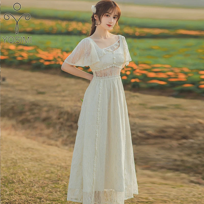 

YOSIMI Beige Lace Long Women Dress Elegant 2022 Summer V-neck Mid-calf A-Line Empire Short Sleeve Evening Party Long Dress Lace