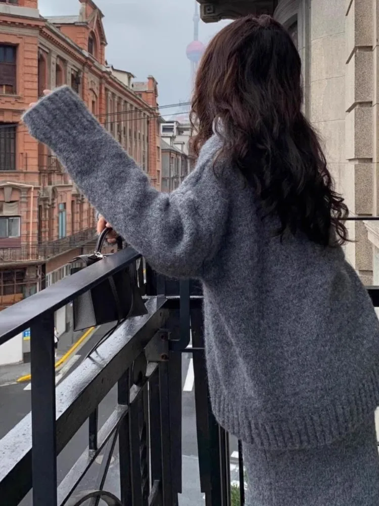 Минималистичный комплект свитера юбка для женщин осенью и зимой пуловер с