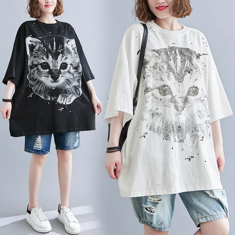 

Short-sleeved T-shirt Women's Loose Large 2022 Medium and Long Cute Cat Print Oversized Couple Top