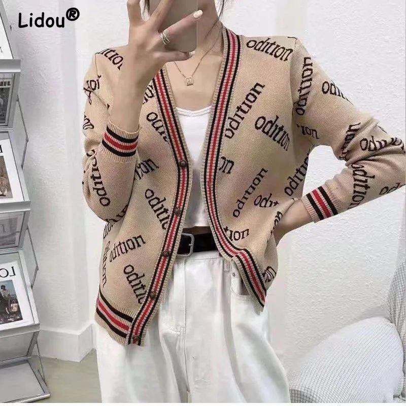 

Spring Autumn 2022 V-neck Casual Fashion Letter Printing Knitted Cardigan Women Design Casual Korean Fashion Tops Blouses Shir
