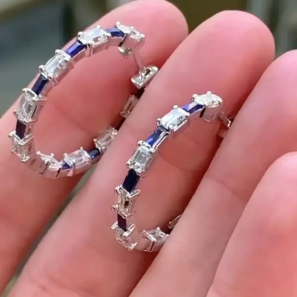 

Huitan Fashion Contracted Design Cubic Zirconia Hoop Earrings for Women Versatile Blue/White CZ Circle Earrings Wedding Jewelry