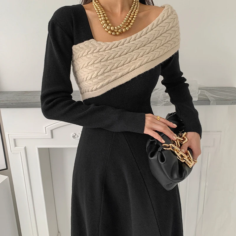 

Vintage Niche Irregular Neckline Patchwork Women Dresses Slim Fit Knit Waist Slim Vestidos 2023 Autumn Long Sleeve A-line Dress