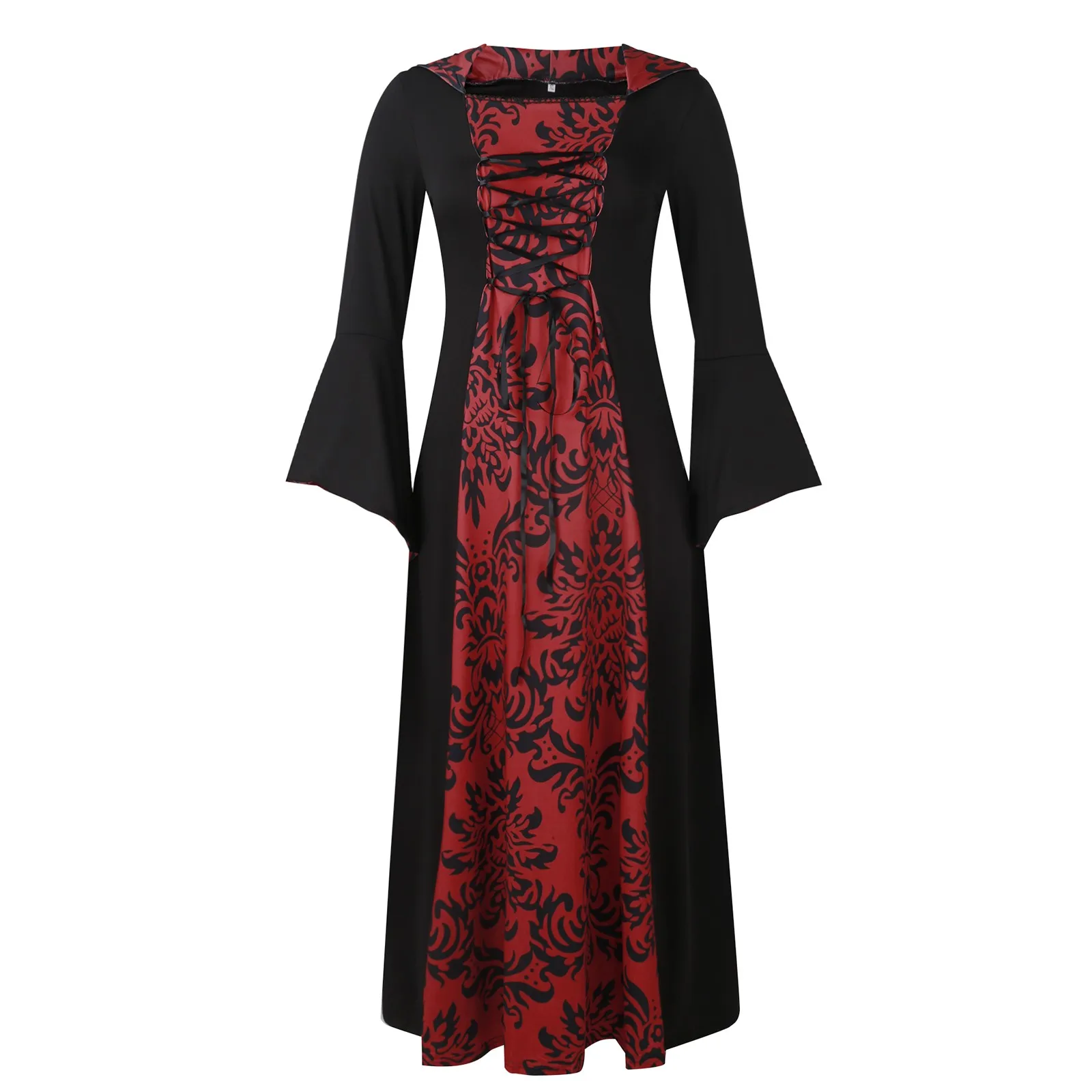 

Женские платья на Хэллоуин, элегантный костюм в европейском средневековом Королевском Стиле, карнавальное винтажное элегантное платье с длинным рукавом и шнуровкой и капюшоном