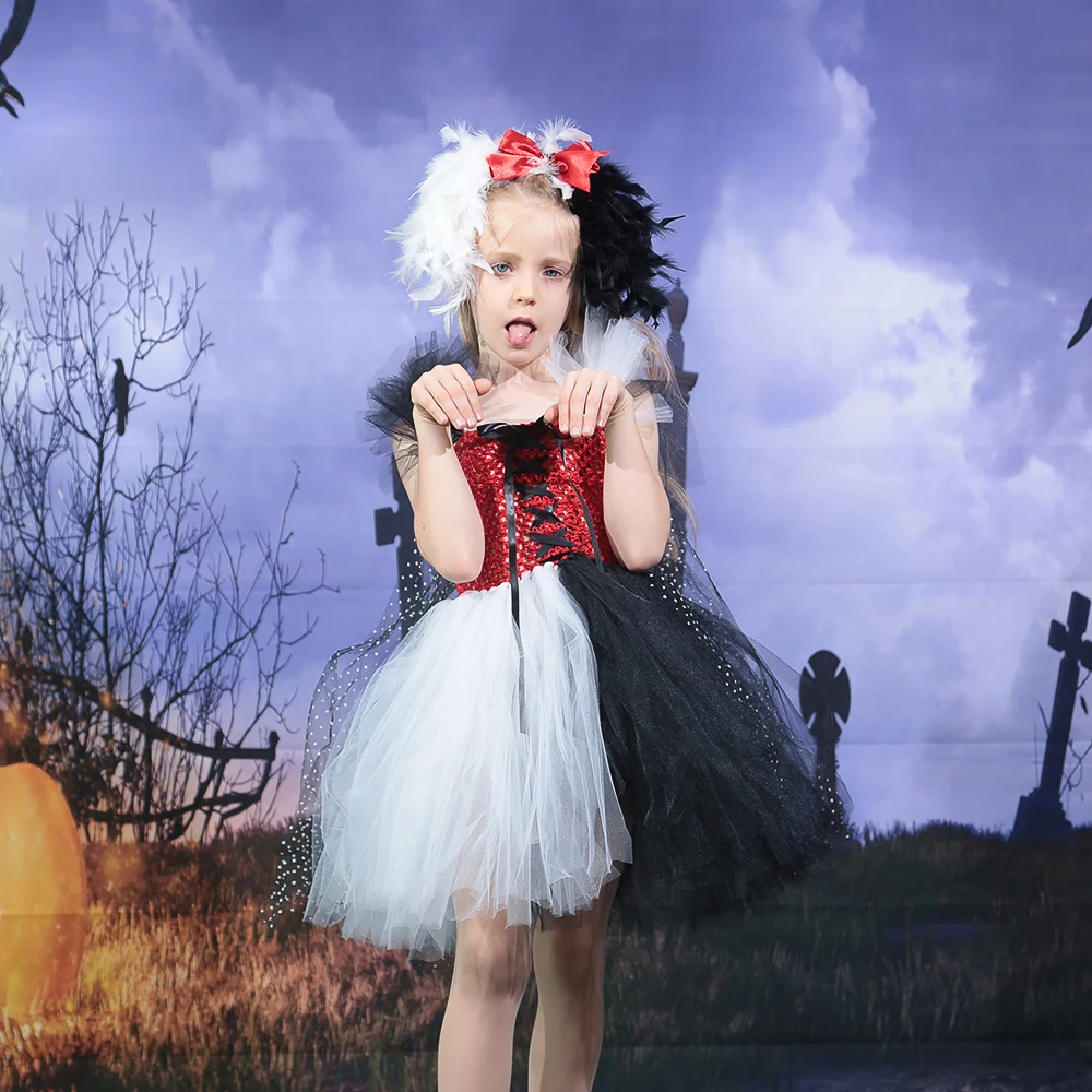 

Deluxe Cruella Inspired Girls Tutu Dress Villain Kids Clothes Halloween Costume Dalmatians Dog Black White Baby Fancy Dress
