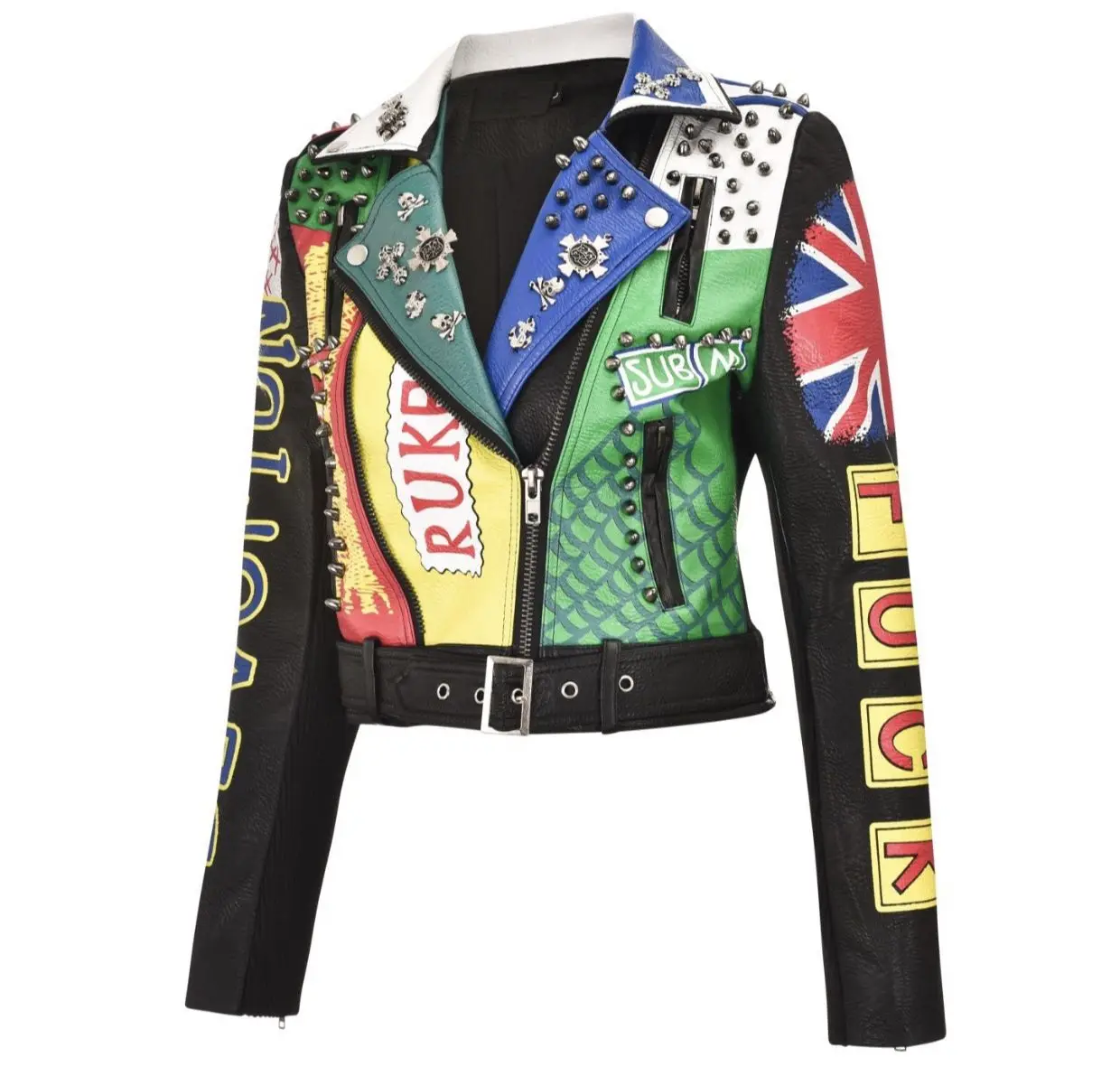 Women's autumn and winter new street rock punk pattern printing personality metal badge rivets short leather jacket spot