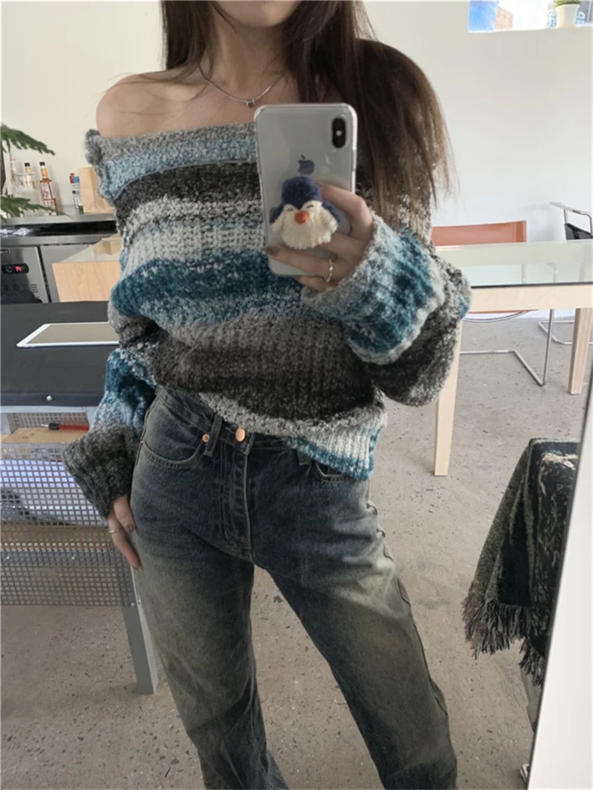 PLAMTEE нежные синие свитера женские лоскутные свободные вязаные с открытыми