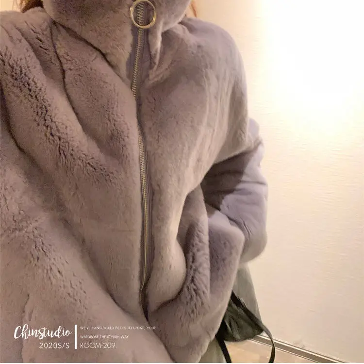 Женская зимняя куртка-бомбер из искусственного меха кролика Рекс Свободное