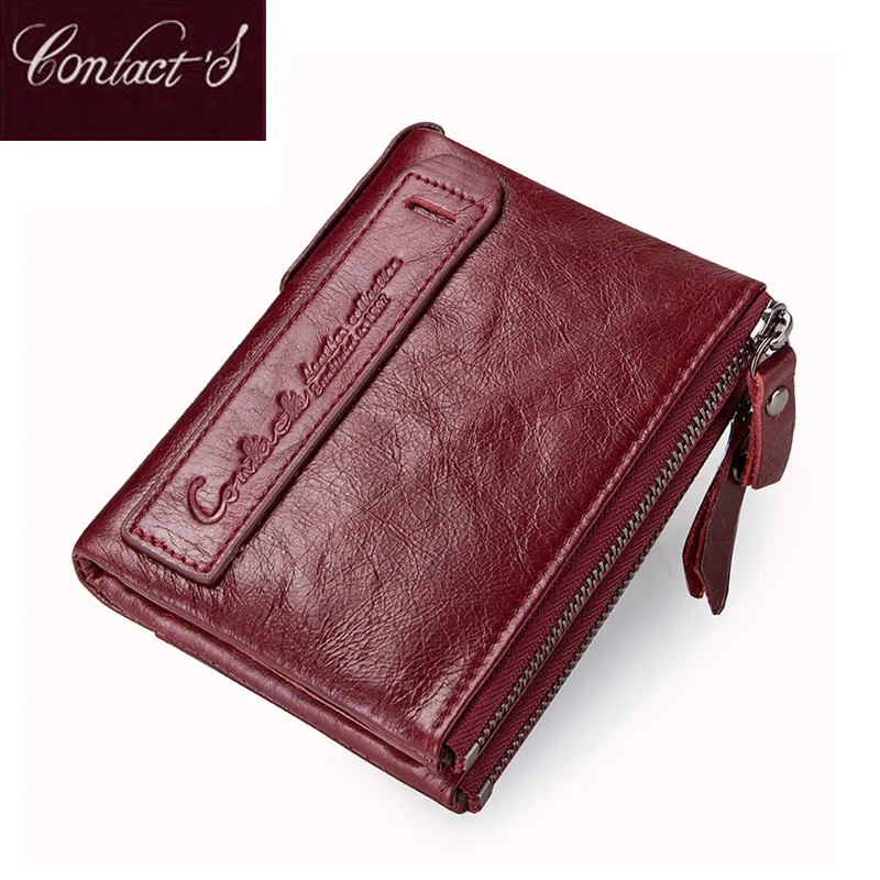 

Fashion Genuine Leather Women Wallet Bi-fold Wallets Red ID Card Holder Coin Purse With Double Zipper Small Women's Purse 2023