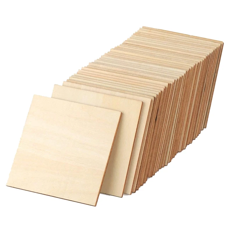 

Unfinished Wood Pieces 50 Pcs 4 Inch Square Blank Wood Natural Slices Cutouts For DIY Crafts Painting Staining