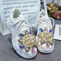 womens mesh sport shoe beads rhinestones sneakers white lace up platform shoes lady diy white lolita sweet