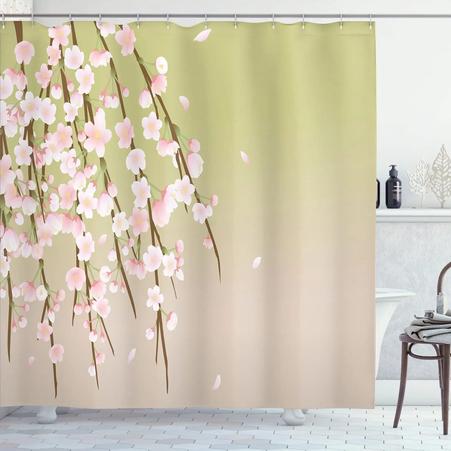 

Weeping Flower Shower Curtain Freshly Blooming Cherry Blossom Branches Floral Buds Waterproof Fabric Bathroom Deco Bath Curtains