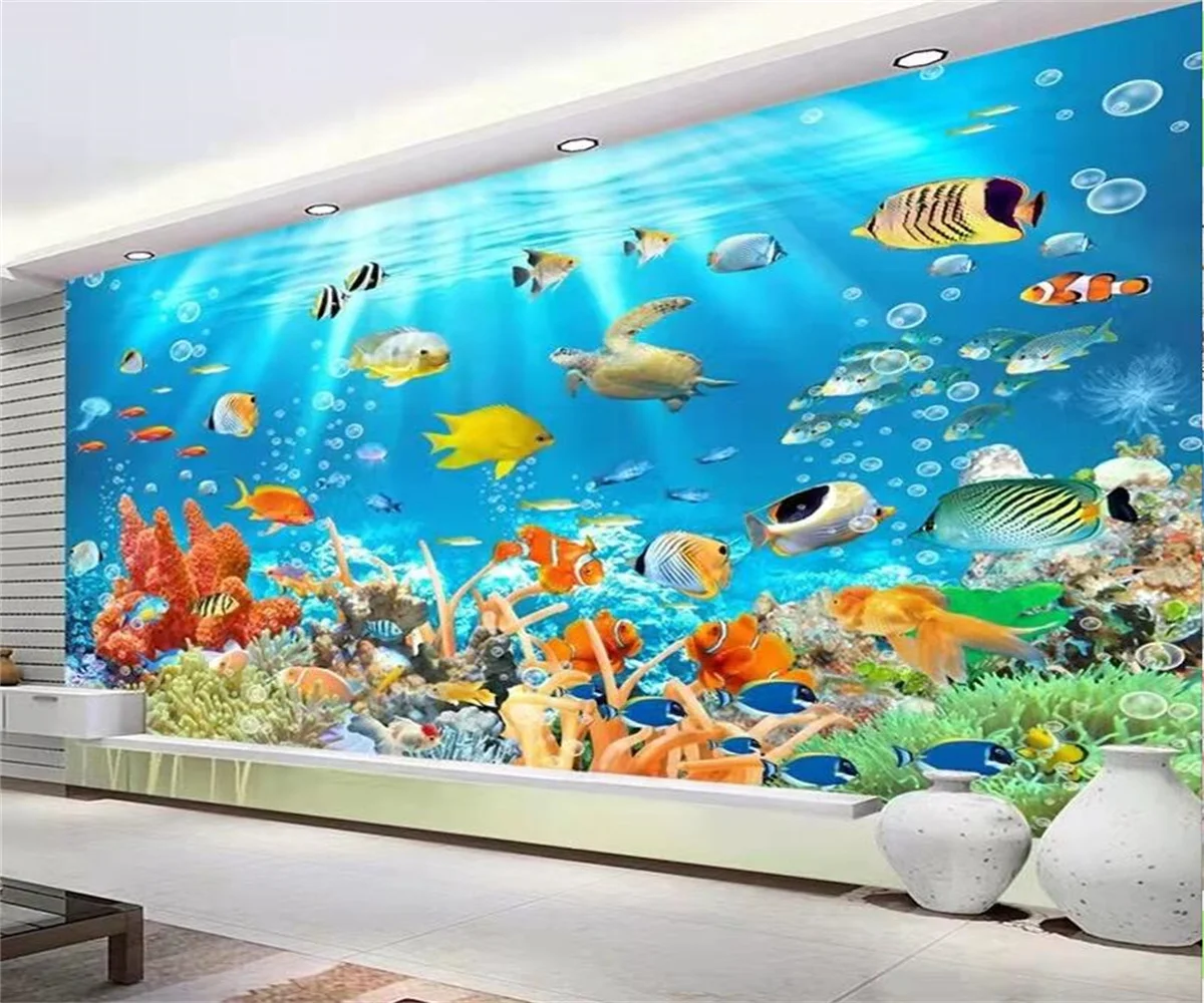 Custom Wallpaper Cartoon underwater world sea turtle coralchildren's room  background wall painting 3d wallpaper