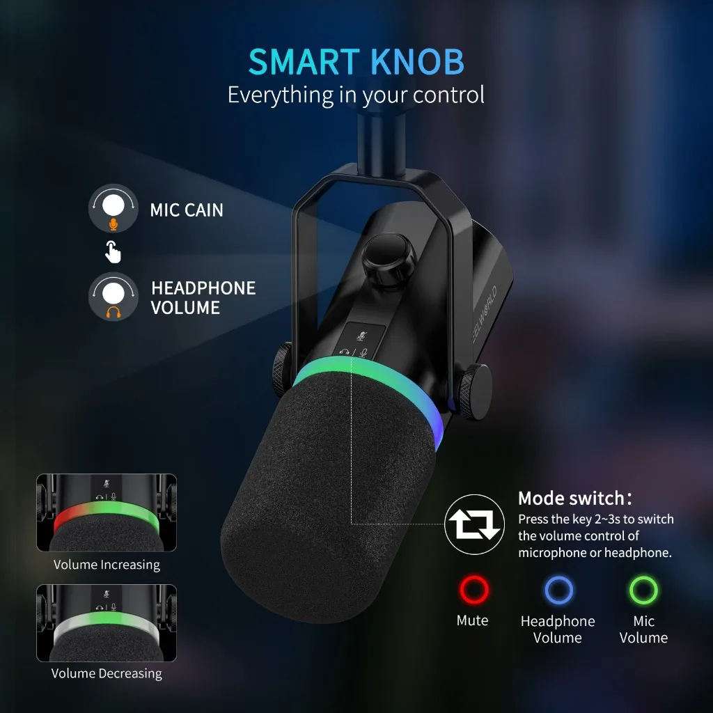 Фото FEELWORLD XLR/USB динамический микрофон PM1 для записи подкастинга, игровой прямой трансляции №5