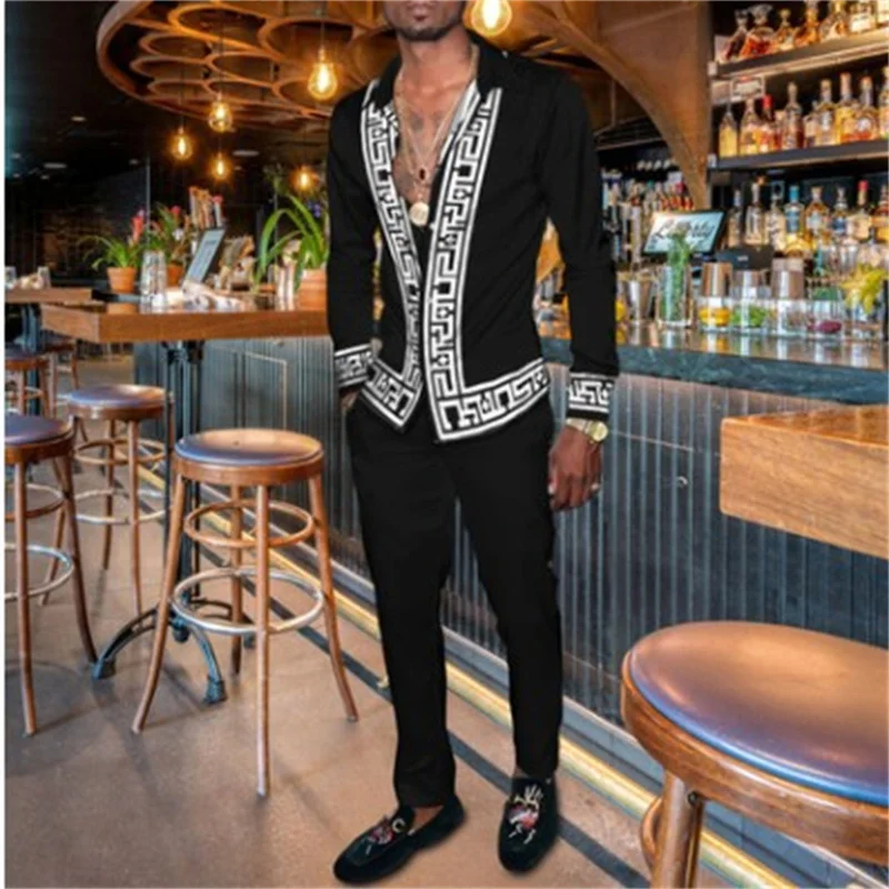

Men's Casual Long Sleeved Shirt And Pants Men's Social Formal Shirt Set