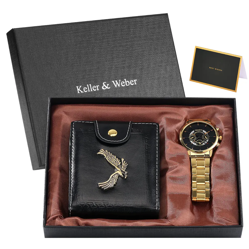 

2022 Luxury Men's Watch Set Fashion Wallet Stainless Steel Strap High Grade Quartz Watches Gift Box Valentine's Day for Husband