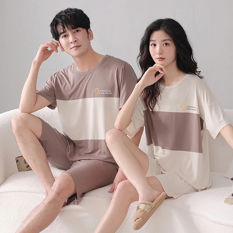 Summer Modal Couple Pajamas Women's Short-sleeved Shorts Stretch Cold Men's Couple Home Service Suit Korean Version of The Trend