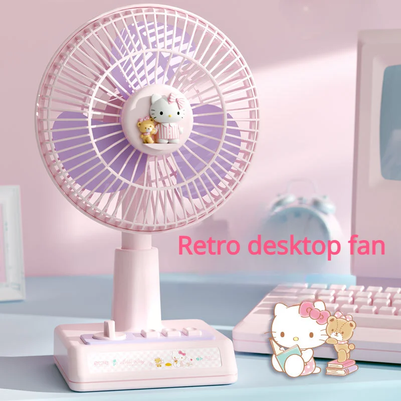 

Sanrio Kawaii Cinnamoroll Hello Kitty Kuromi Small Fan Retro Desktop Fan Cartoon Style Portable Student Dormitory Silent Fan