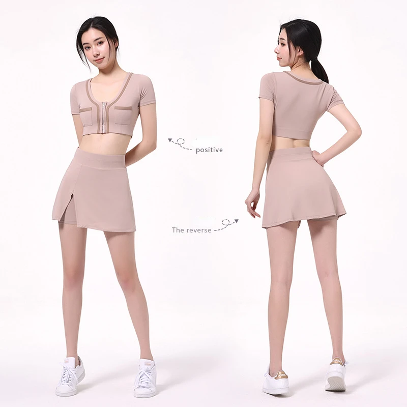 2022 New Tennis Skirts Set Short Sleeve Crop Top Sports Short Skirt Fitness Suit Workout Dress Golf Wear Badminton Sports Skirt