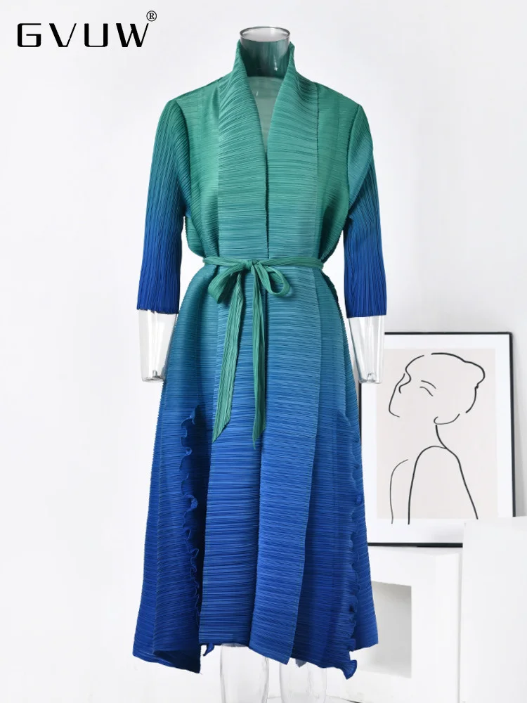 

GVUW Gradient Color Pleated Dress For Women 2023 Autumn New Belt Lapel Luxury Long Sleeve Female Elegant Party Dresses 17D2944