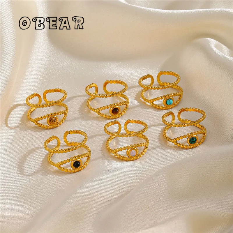 

316L Stainless Steel Stylish Simple Inlay Natural Stone Eyes Open Ring Women Vintage Style Party Gift Jewelry
