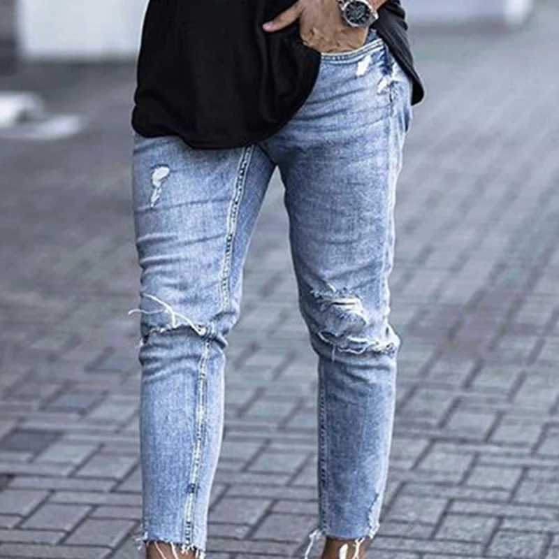 

New Streetwear Men's Jeans Hip Hop Destroyed Ripped Design Denim Pants Ankle Length Zipper Skinny Jean Male Trouses Clothing