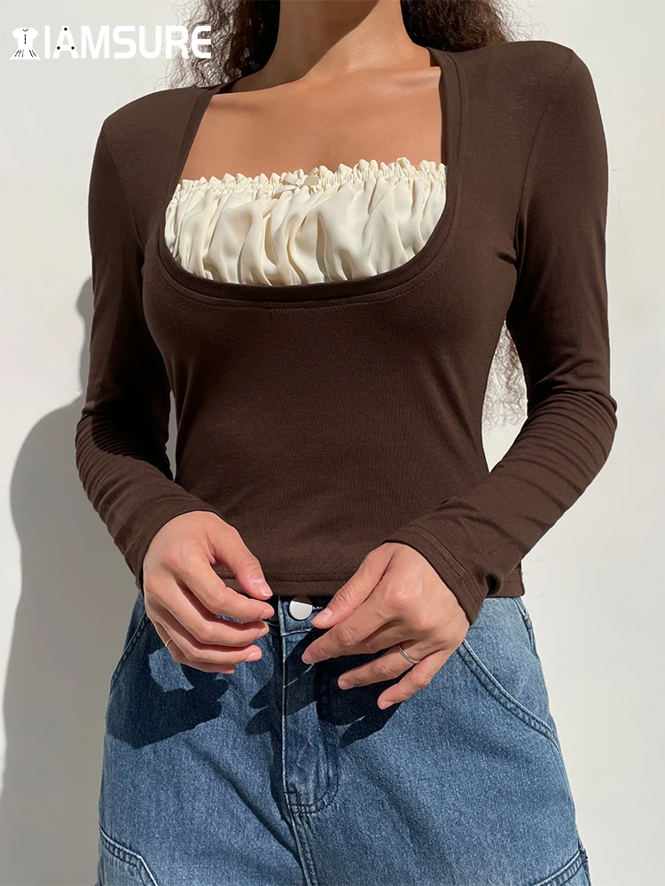

IAMSURE Casual Streetwear Patchwork T Shirt Vintage Square Collar Long Sleeve Tees Women 2022 Autumn Spring Fashion Ladies