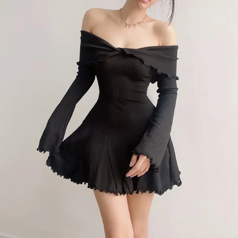 

2023 Autumn and Winter New Women's Sweet Sexy Pure Desire Slim Thread Off Shoulder Long Sleeve Dress elegant vestidos de festa