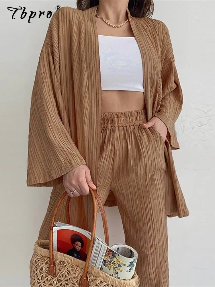 

Женская рубашка, Повседневный Кардиган с длинным рукавом и брюки с эластичным поясом, комплекты из двух предметов, элегантные женские летние свободные наряды