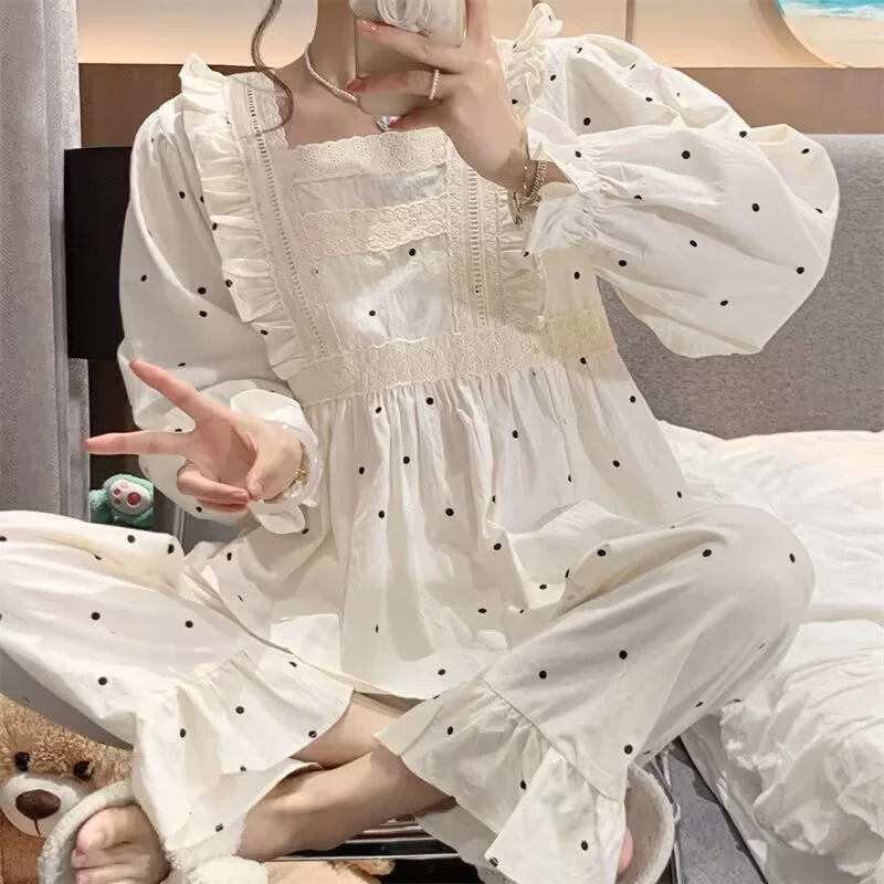 Lace Bow Pajamas Set Full Sleeve T-shirt Long Pants 2Piece/Set Sexy Soft Princess Pyjama Big Size Homewear Cozy Plus Sleepwear