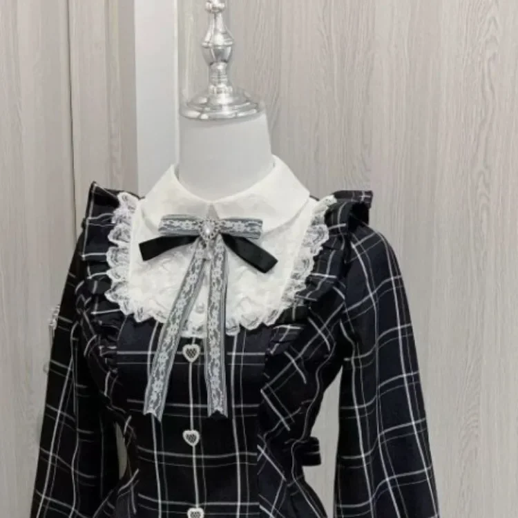 Фото Черные клетчатые платья Harajuku Sweet Bow, универсальное облегающее платье Kawaii Lolita для женщин, осеннее новое платье с длинными рукавами, Vestidos De Mujer №3