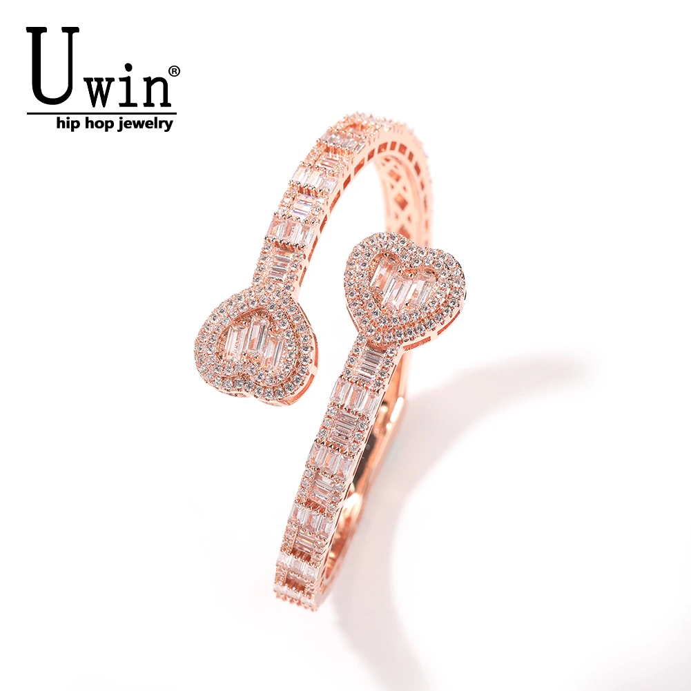 

Uwin 6mm Adjustable Cuff Bangle Baguette CZ Heart Micro Paved Bling Cubic Zirconia Luxury Rapper Hiphop Jewelry Punk Gift