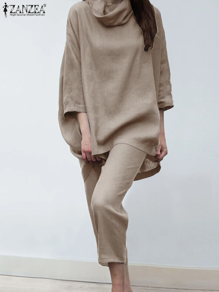 

Комплект брюк ZANZEA в стиле ретро, свободные костюмы 2022, повседневные однотонные подходящие комплекты, женские элегантные свободные топы с ру...