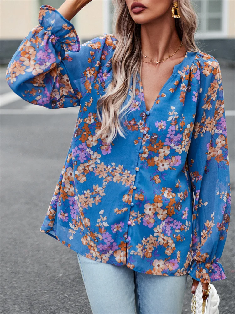Блузка женская с цветочным принтом элегантная однобортная рубашка в стиле бохо