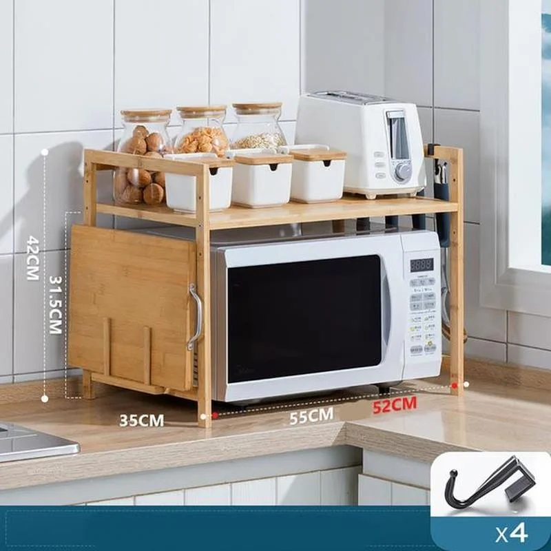 2/3 Tier Bamboo Microwave Shelf Height Adjustable Rack Kitchen Shelf Spice Organizer Kitchen Storage Rack with 4 Hooks